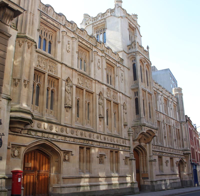 Bristol's Guildhall, with intricate details on facade